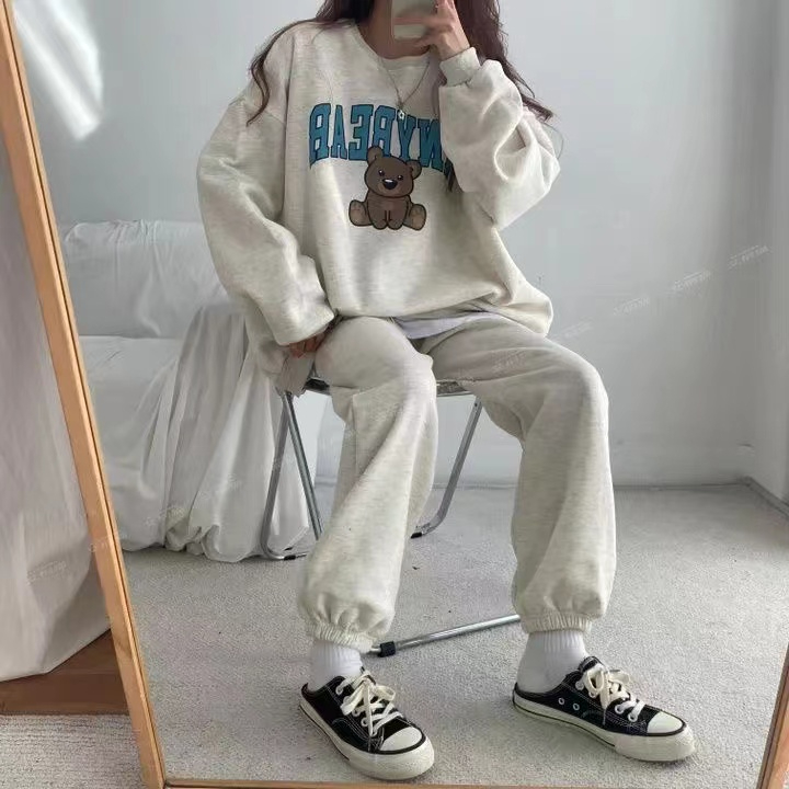 2色 卡通可愛外貿套裝女兩件春秋薄款和加絨款休閒寬鬆韓版