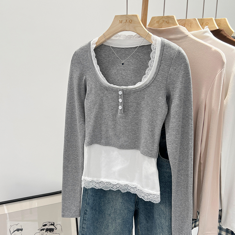 Actual pictures of contrasting color lace fake two-piece splicing slim long-sleeved T-shirt for women autumn and winter 2023 new bottoming shirt