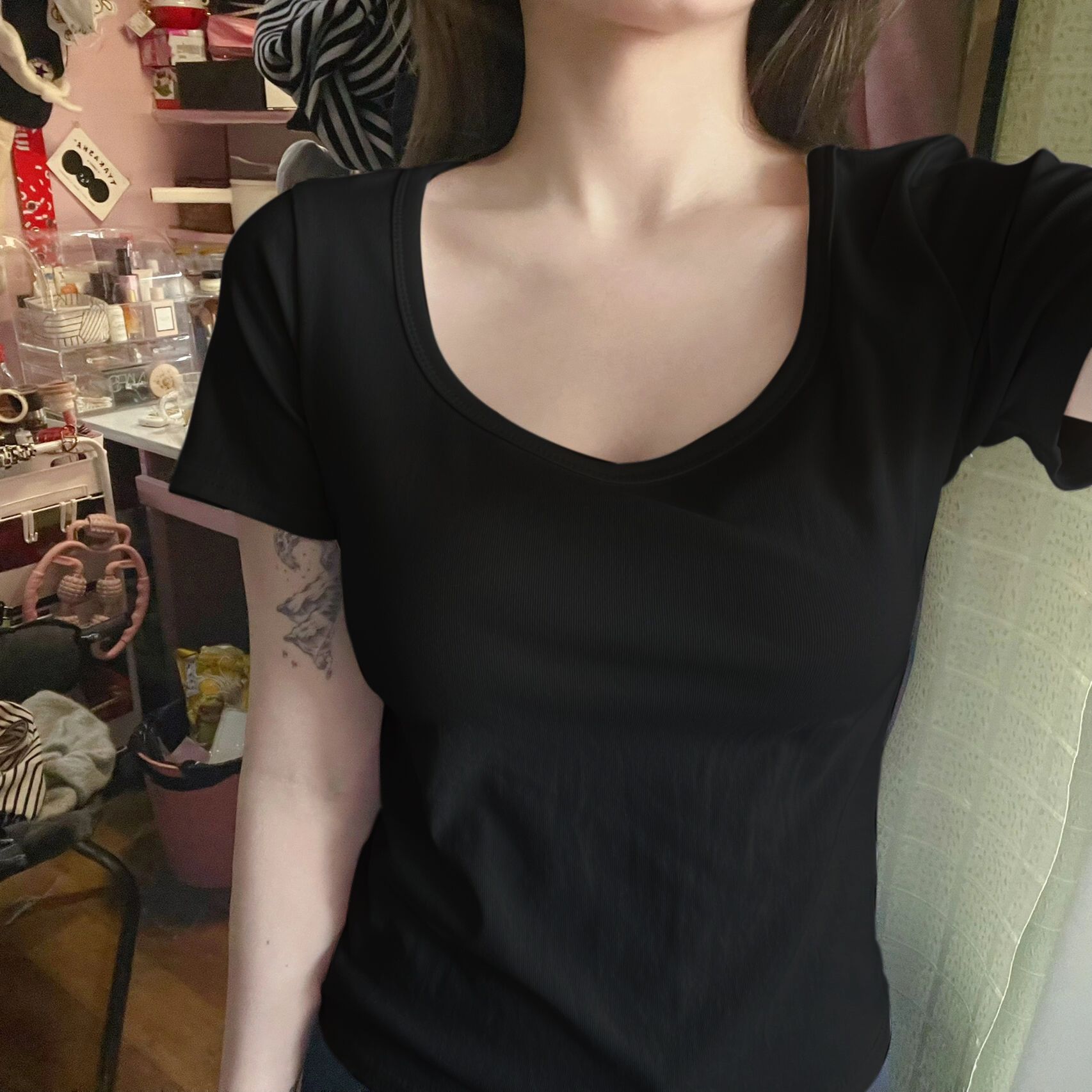 港風chic白色純棉正肩t恤女短袖夏設計感小眾大領口修身純色上衣