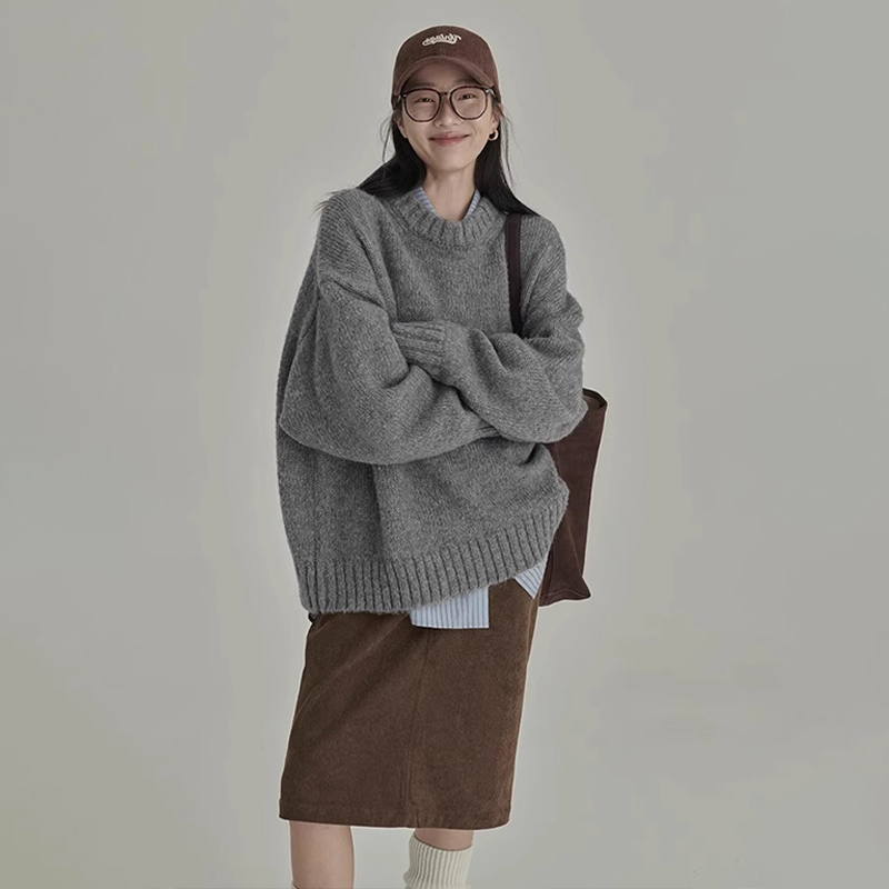 Japanese retro gray sweater women's winter round neck loose lazy style outer wear inner bottoming sweater thick top