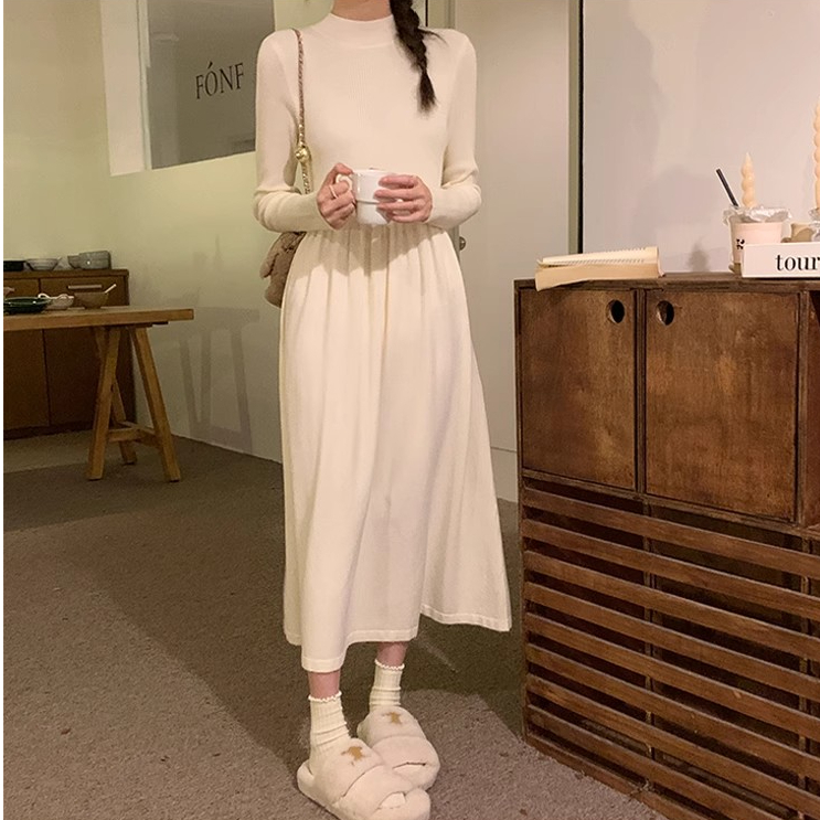 Tmall quality half turtleneck knitted dress with coat and solid color new slimming skirt
