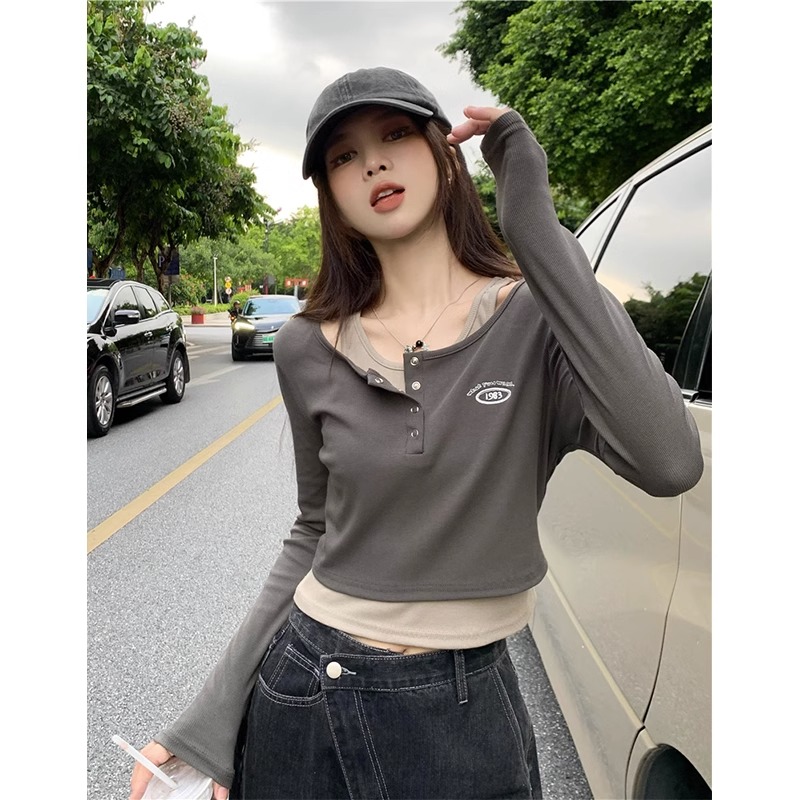2024 Spring Clothes 40 Count 92 Cotton 8 Spandex 210g Quality Fake Two Long Sleeve T-Shirts Women Large Size-M-4XL