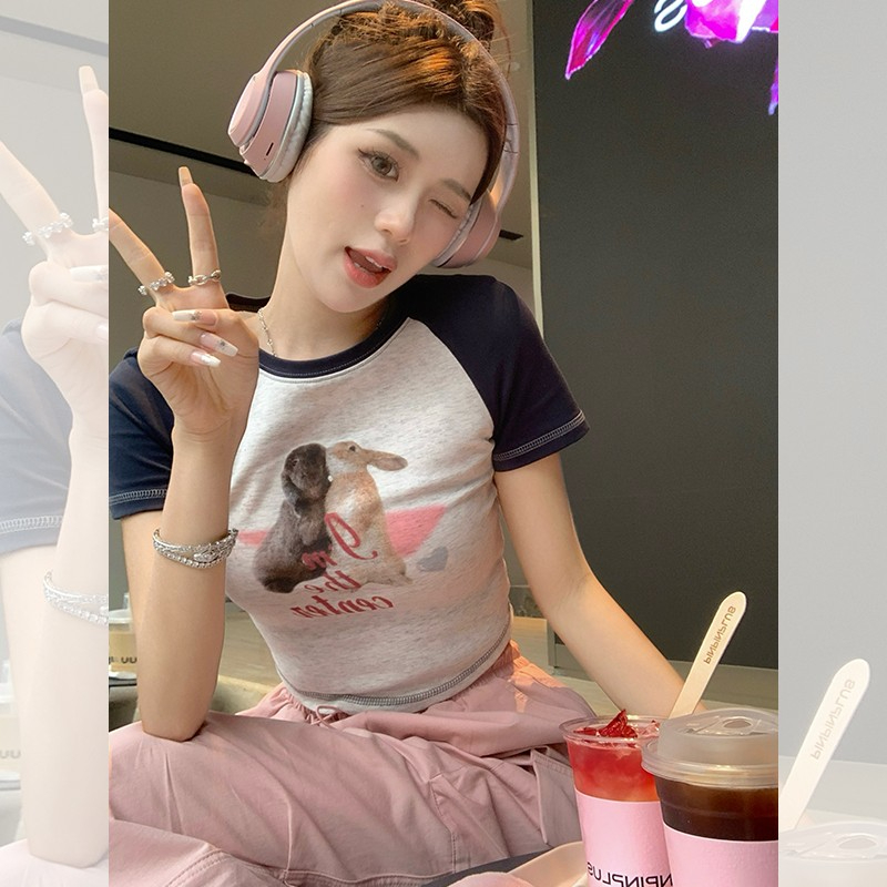 Official picture 6535 stretch cotton rabbit right shoulder short t-shirt women's slimming summer dress hot girl design