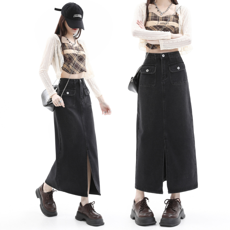 Real shot of high-waisted denim skirt for women in spring and autumn new style black a-line mid-length slim hip skirt hot girl fashion