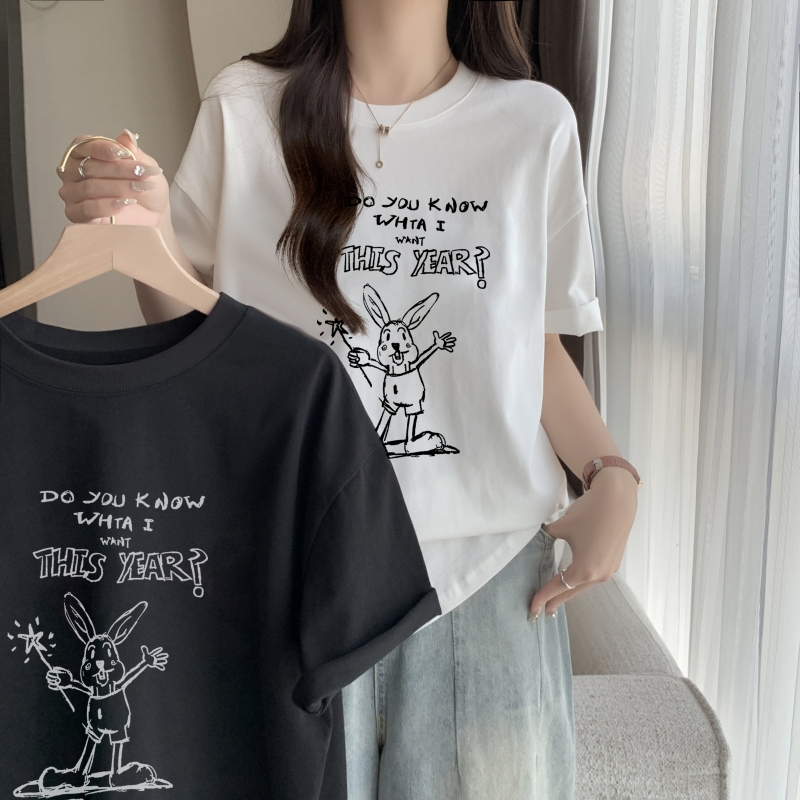 實拍 100%棉精梳純棉 印花夏裝短袖T恤女寬鬆韓版