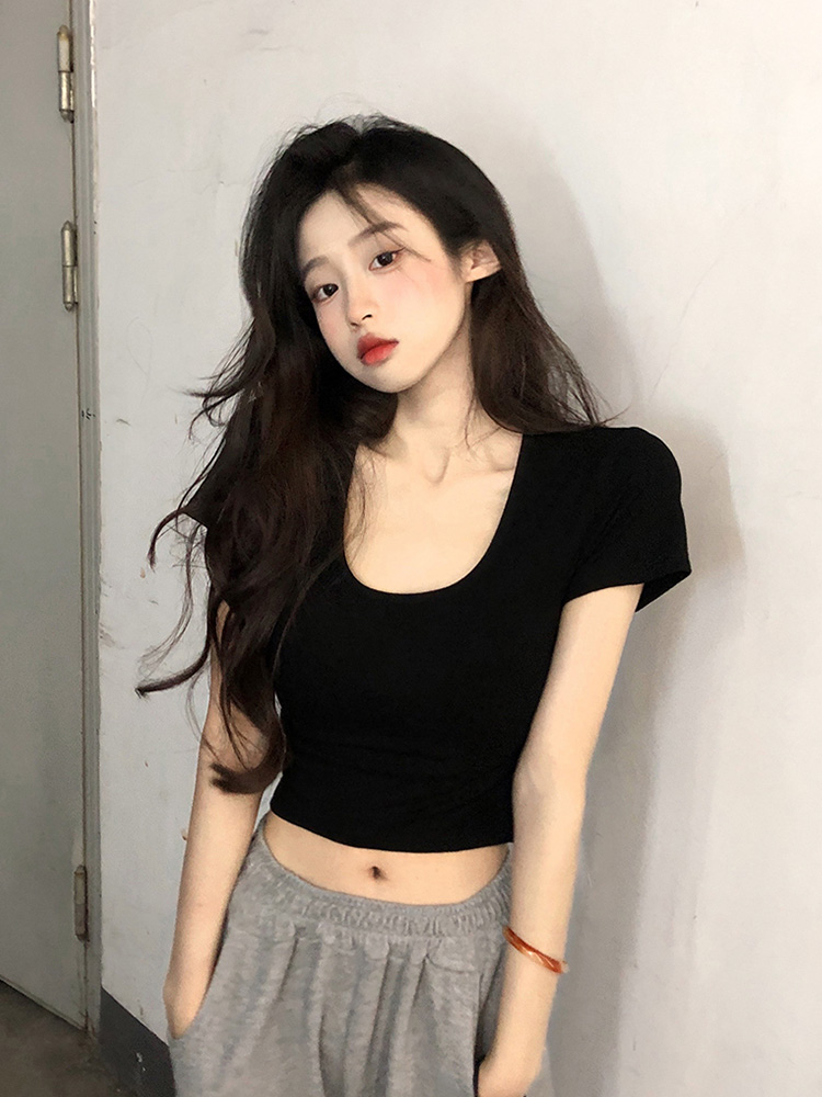 純欲U領短款正肩T恤女夏季黑色內搭甜辣修身白色打底短袖緊身上衣