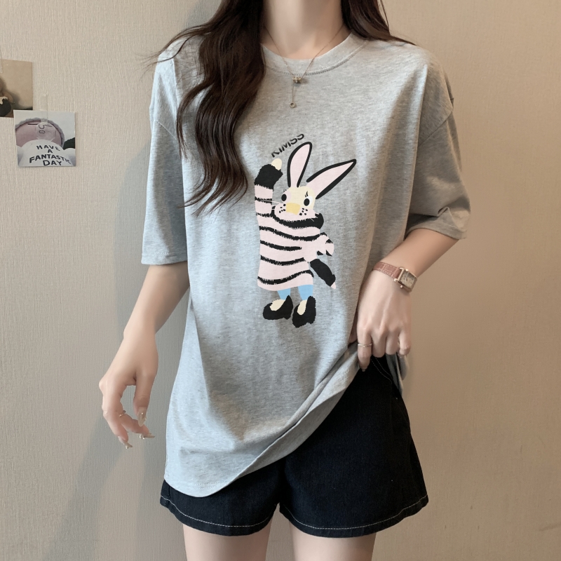 實拍 100%棉精梳純棉 印花夏裝短袖T恤女寬鬆韓版