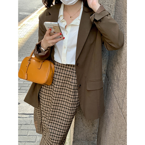 Real shot of gray suit jacket for women loose autumn and spring new style small Korean style simple casual suit top