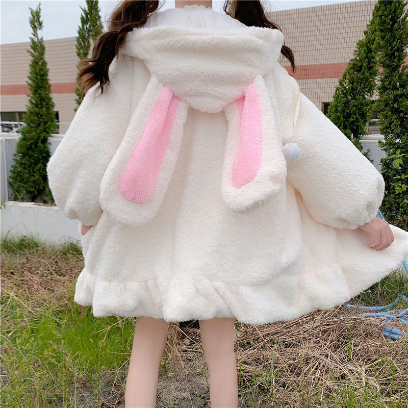 Soft and cute hooded thickened bunny ears mid-length lamb velvet zipper coat in autumn and winter cute