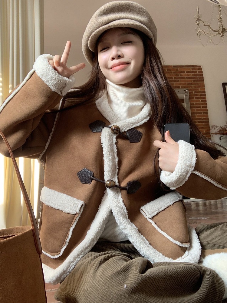 Real shot of suede lambswool splicing jacket winter new design thickened warm fur all-in-one cotton jacket
