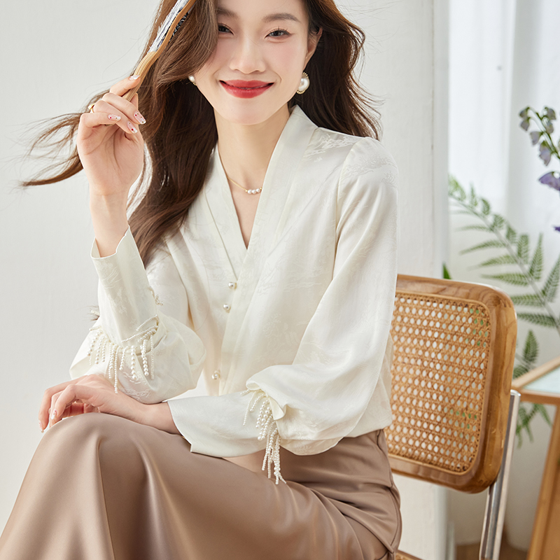 實拍◆有◆2024醋酸緞面襯衫女春季高級感新中式盤扣提花上衣