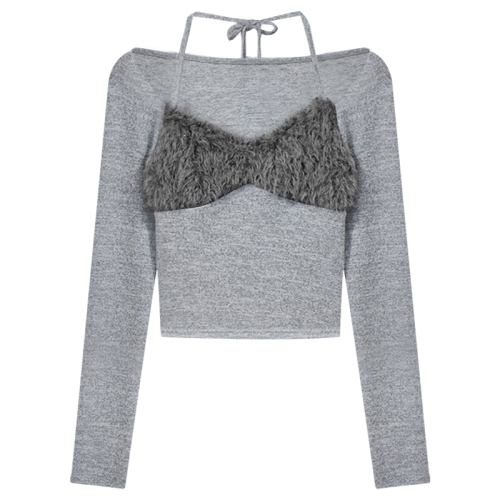Sweet and Spicy Retro Style Gray Halter Neck Furry Splicing Long Sleeve Slim Fit Bottoming Versatile Top T-Shirt