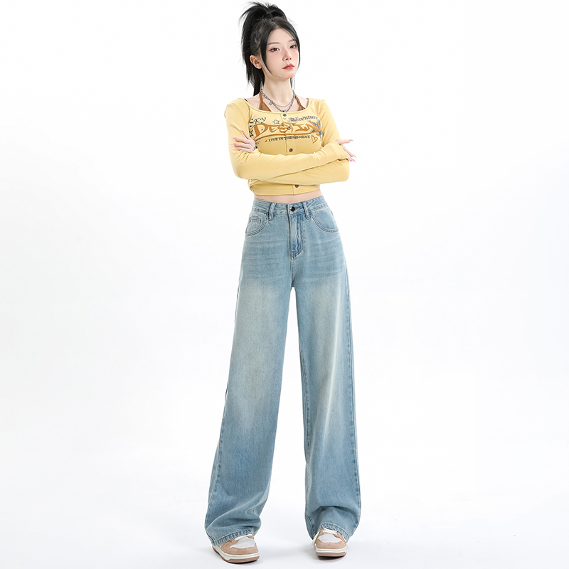 實拍~2024春裝新款韓版百搭ins潮顯瘦直筒褲闊腿褲女裝牛仔褲長褲