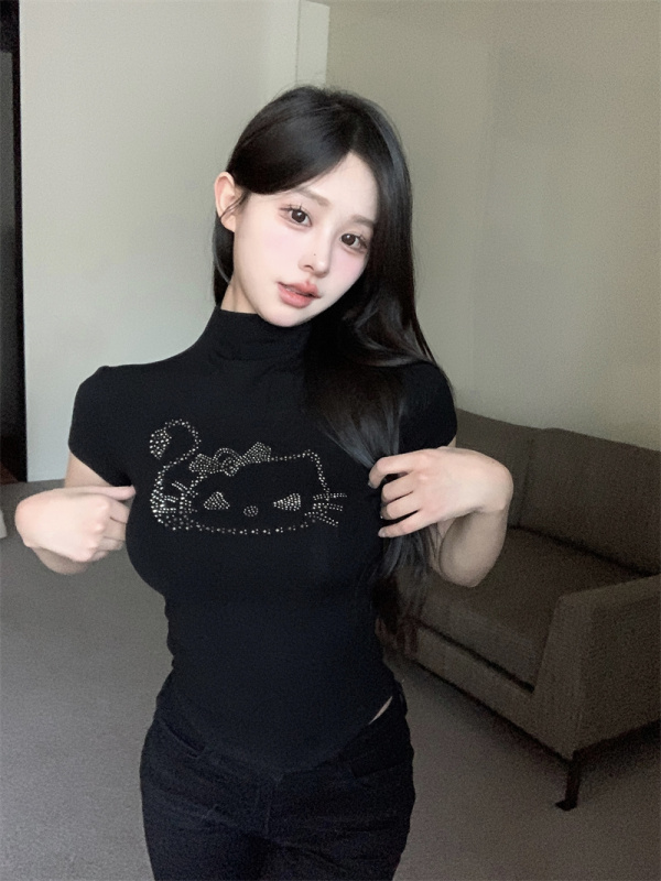 實拍 閃鑽緊身辣妹修身顯瘦小高領收腰內搭短袖上衣