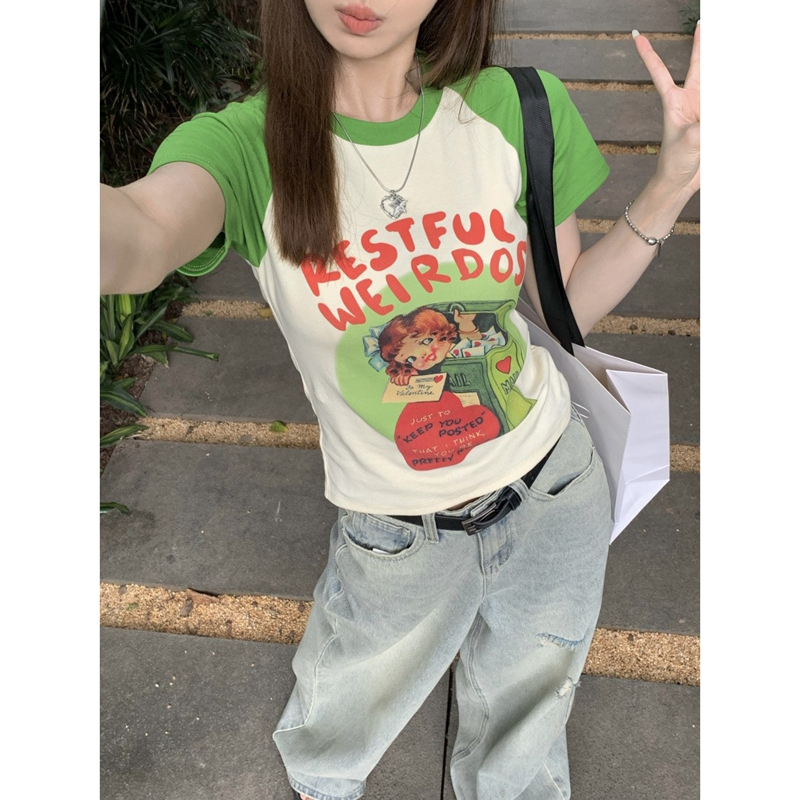 官圖 6535拉架棉 美式辣妹卡通印花拼色短袖T恤女夏季小個子