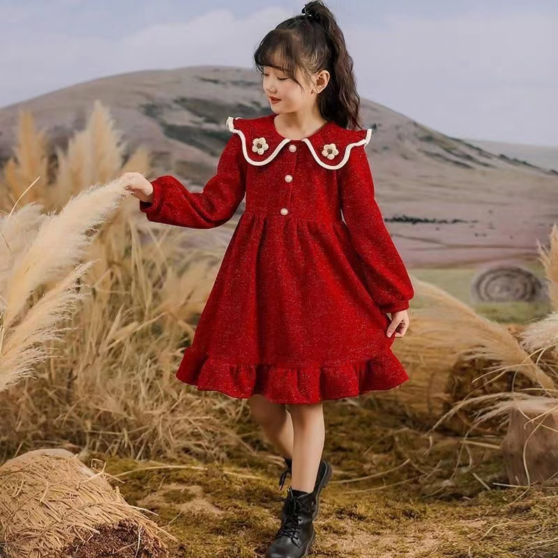 High-end girls' dresses 2024 spring and autumn new warm plus velvet girls fashion princess dress birthday dress