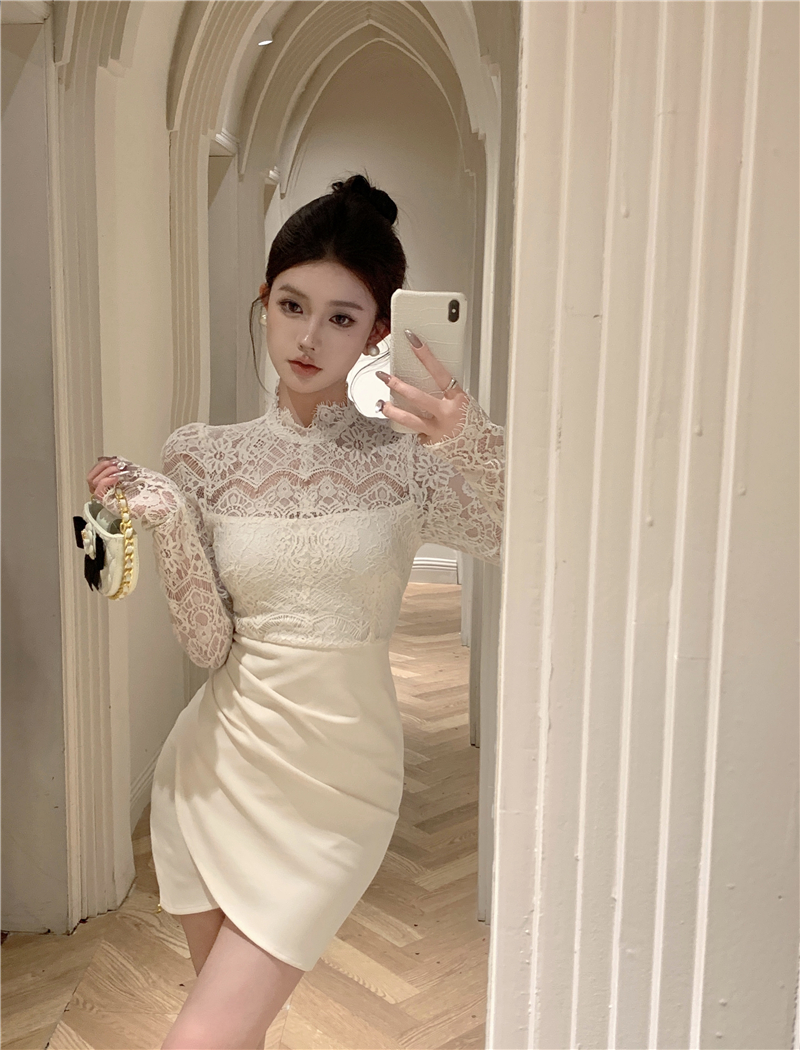 Real shot~Pure Sexy Half Turtle Neck Long Sleeve Lace Spliced ​​Waist Slimming Hip Skirt Dress