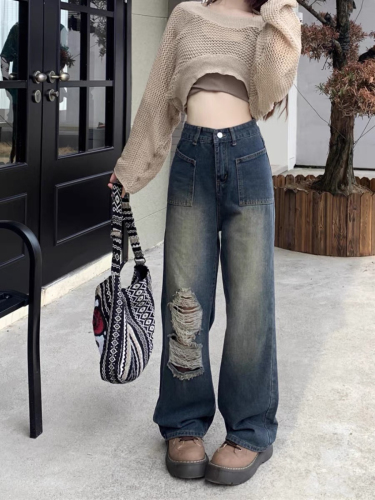 American retro women's jeans autumn thin 2023 new style washed ripped high street loose wide leg trousers