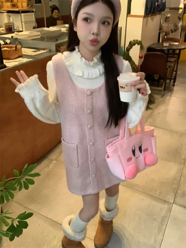 Actual shot of Korean chic early spring simple and cute pink woolen vest dress
