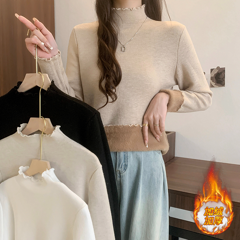 實拍 2024春秋韓版加厚一體絨內搭高領長袖保暖針織衫毛衣女