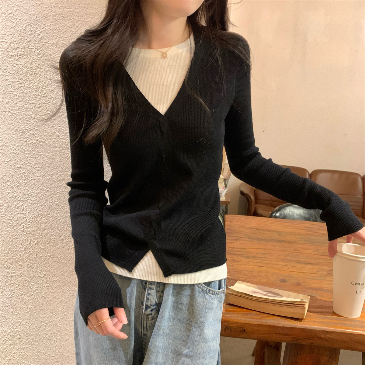 實拍 秋冬韓版修身撞色假兩件設計感打底衫氣質針織內搭毛衣