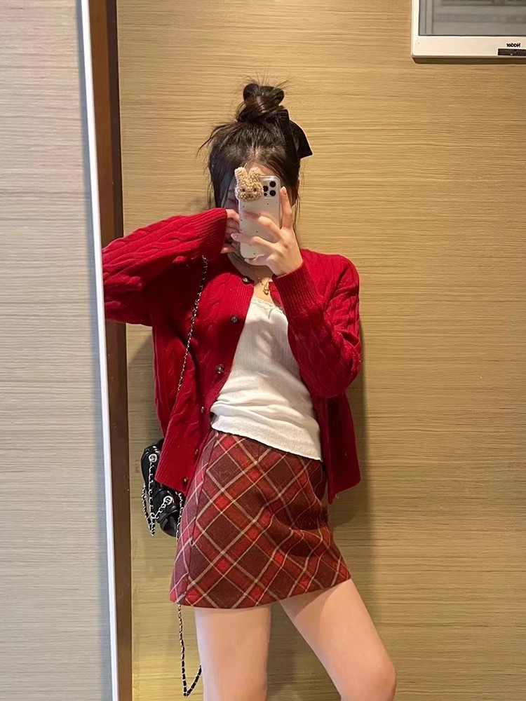 紅色聖誕毛衣針織開衫外套女小個子洋氣顯白高級感新年氛圍感套裝