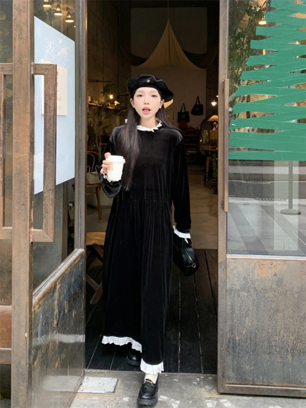 實拍~金絲絨連衣裙女赫本風高級感黑色顯瘦小個子裙子