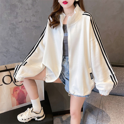 Real shot of 35 cotton Korean style loose large size embroidered zipper cardigan autumn thin sweatshirt for women