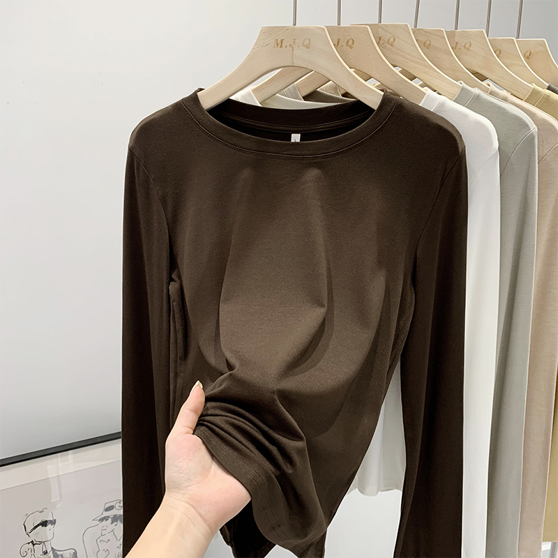 Actual picture of round neck slim long-sleeved T-shirt for women 2023 new autumn and winter inner wear right shoulder casual slimming bottoming top