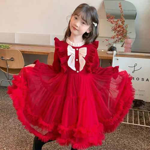 Girls birthday dress small dress princess dress 2024 spring and autumn bow sweet corduroy dress trendy