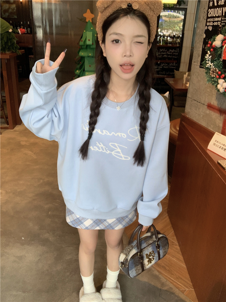 實拍~藍色調調 秋冬長袖圓領寬鬆衛衣藍格顯瘦半身裙兩件套