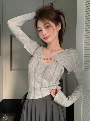 Real shot Commuting solid color mohair long-sleeved tops for women autumn short simple knitted cardigan two-piece set