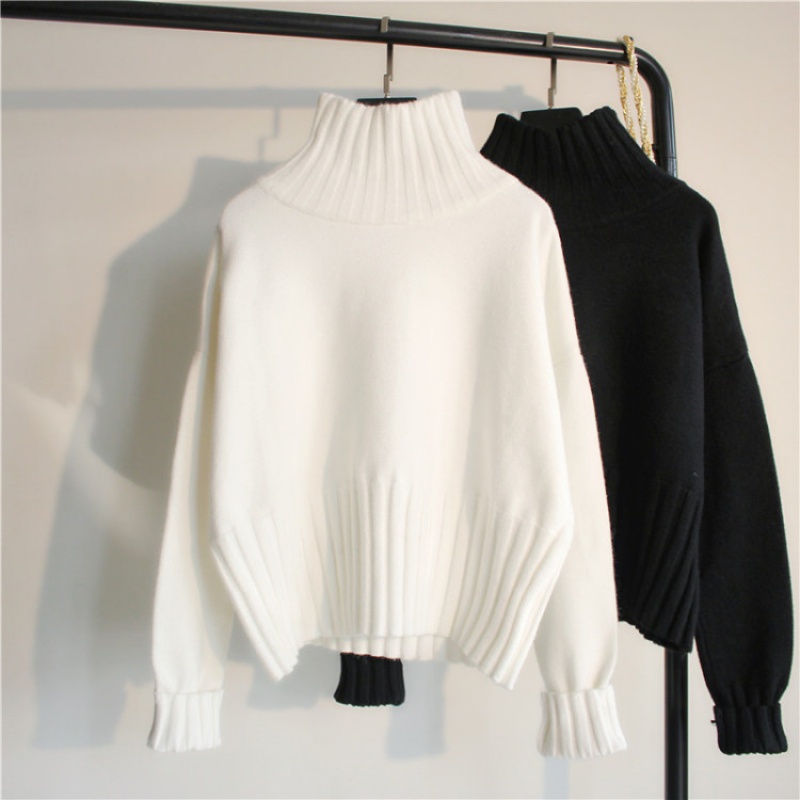 Spring pullover loose lazy style Internet celebrity sweater turtleneck small fresh sweet long-sleeved bottoming shirt white short style for women