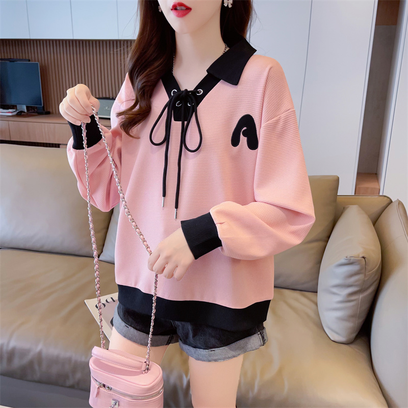實拍後包領華夫格大碼女裝春秋薄長袖衛衣女韓版寬鬆設計感上衣