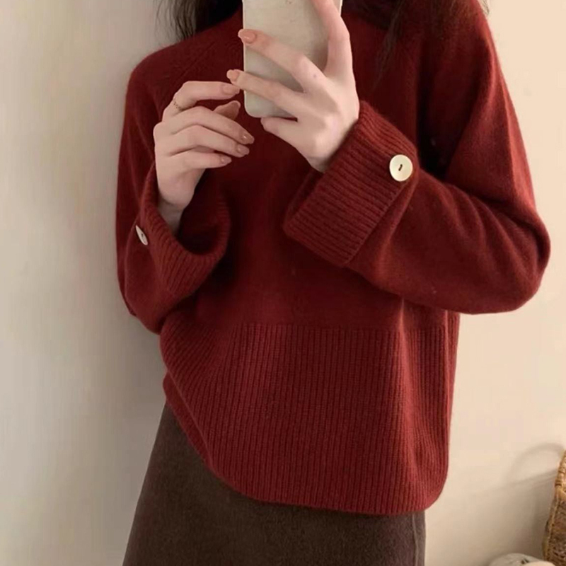 聖誕設計感紅色毛衣女秋冬季2023新款寬鬆慵懶風內搭打底針織上衣