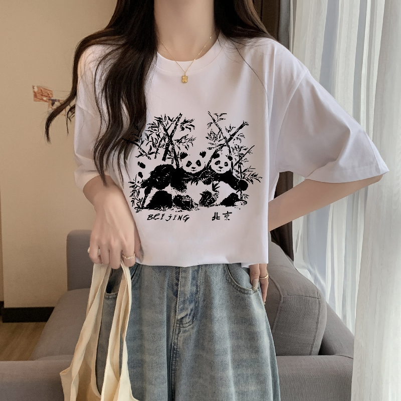 實拍 100%棉精梳純棉 印花夏裝短袖T恤女寬鬆韓版