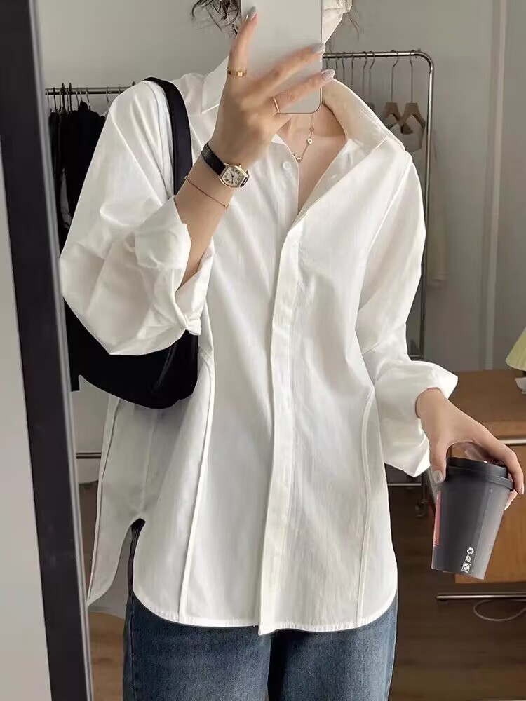 White cotton shirt for women, summer, spring and autumn design, niche petite shirt, French chic long-sleeved top