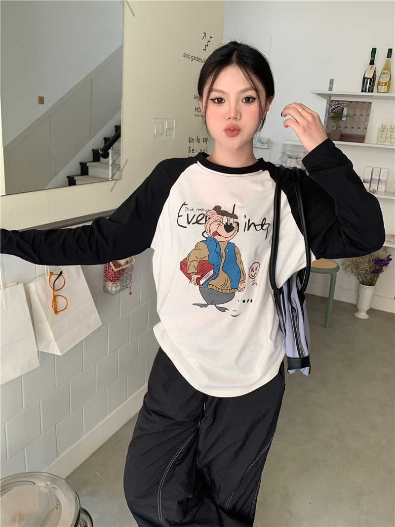 Real shot American retro cartoon raglan long-sleeved loose T-shirt