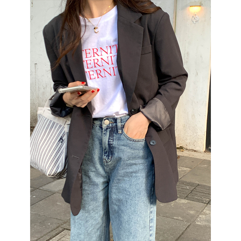 Real shot of gray suit jacket for women loose autumn and spring new style small Korean style simple casual suit top