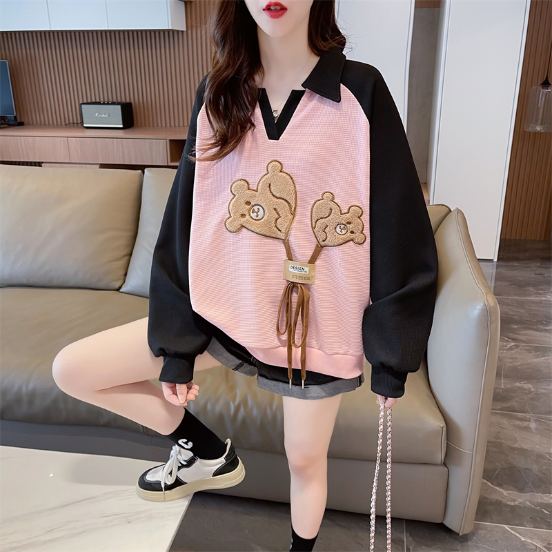 實拍後包領華夫格大碼女裝春秋薄長袖衛衣女韓版寬鬆設計感上衣