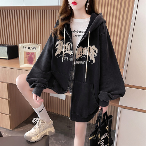 First real shot of cotton Korean style loose large size hooded embroidered horn zipper thin sweatshirt for women