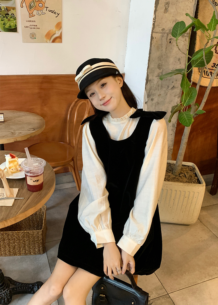Actual shot of the little black dress in autumn and winter~Korean chic simple bow velvet little black dress Hepburn dress