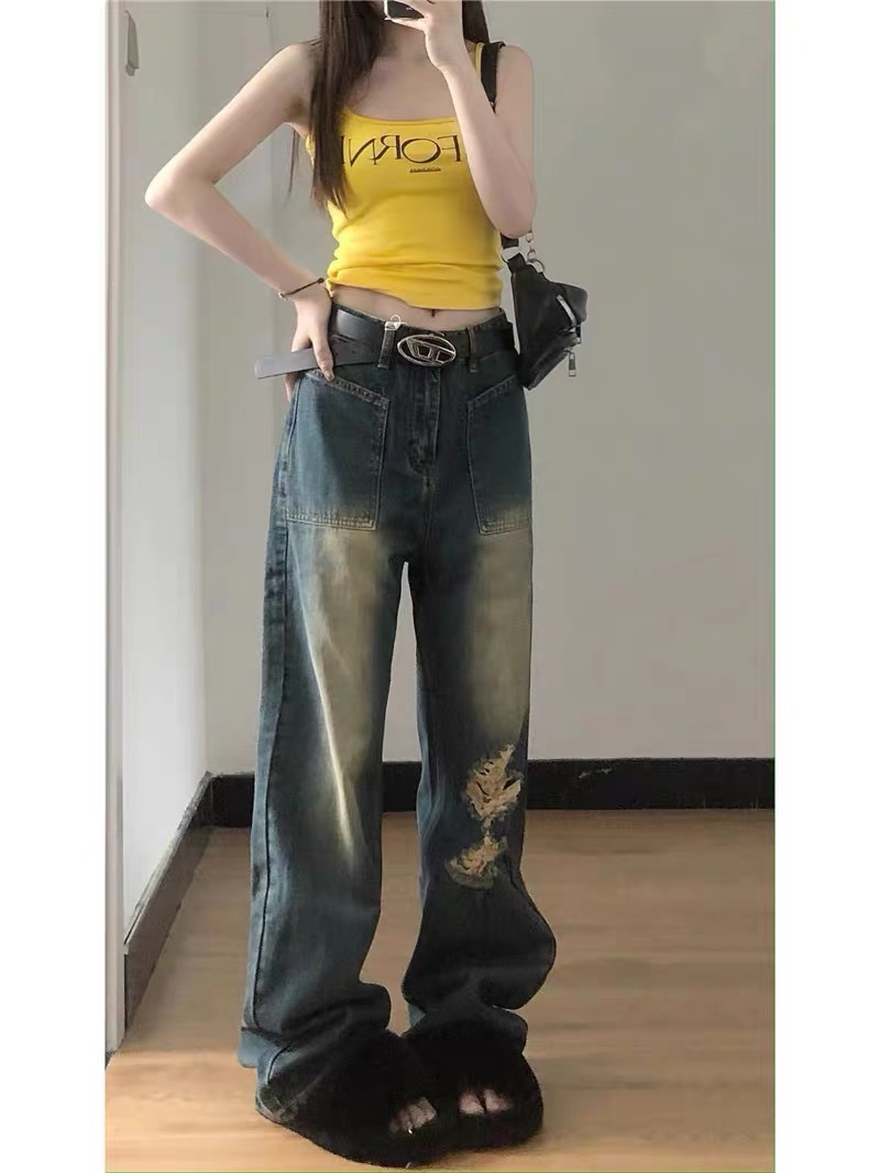 American vibe retro washed ripped jeans women's high street hip hop straight loose pants