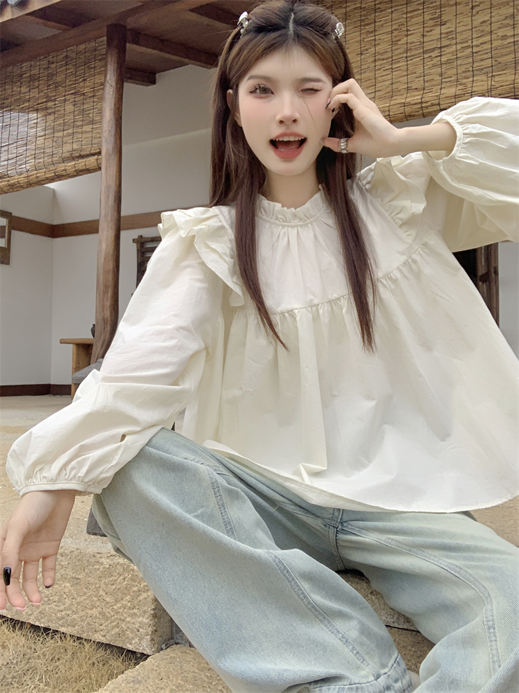實拍 新款百搭純色寬鬆荷葉邊長袖上衣女襯衫