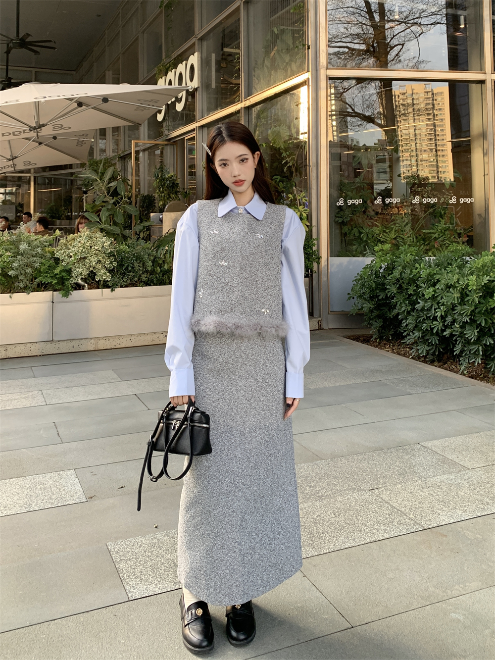 Actual shot ~ Korean Maomao patchwork stacked vest + POLO collar long-sleeved shirt + high-waist slit skirt