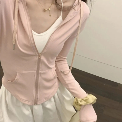 Slim fit, lazy style long-sleeved cardigan for women, versatile thin ice cream color hooded thin zipper jacket