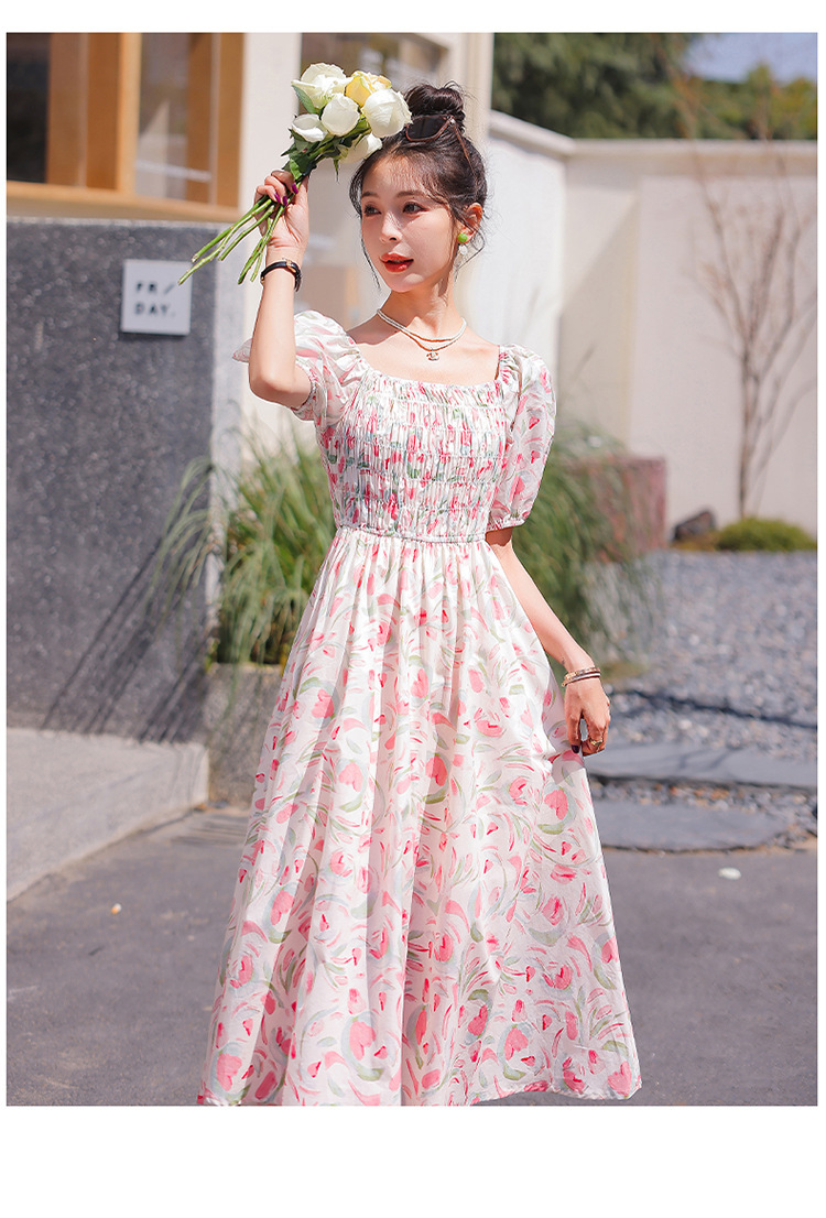 2023夏裝新款連衣裙雪紡印花淑女時尚潮流街頭中長款英倫風女