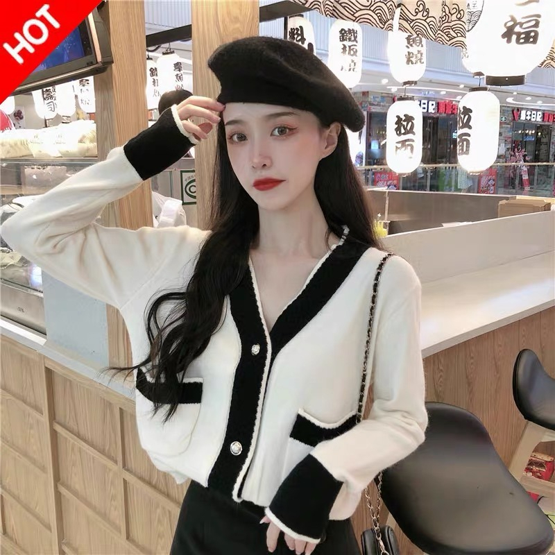 天貓品質小香風法式名媛氣質御姐炸街慵懶風撞色V領針織開衫