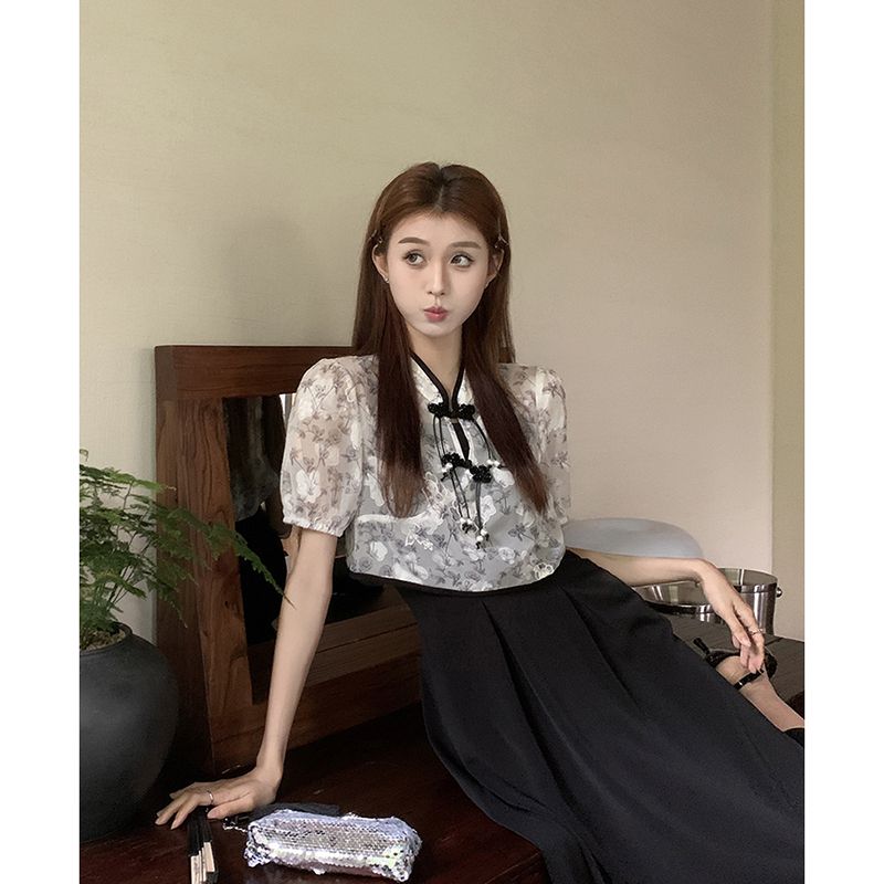 新中式提花盤扣薄款短袖罩衫吊帶連衣裙女夏季2023新款時尚兩件套