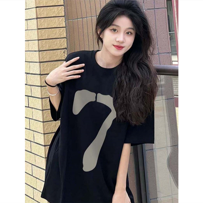 潮牌簡約數字印花純棉短袖T恤女2023夏季新款寬鬆百搭情侶裝上衣